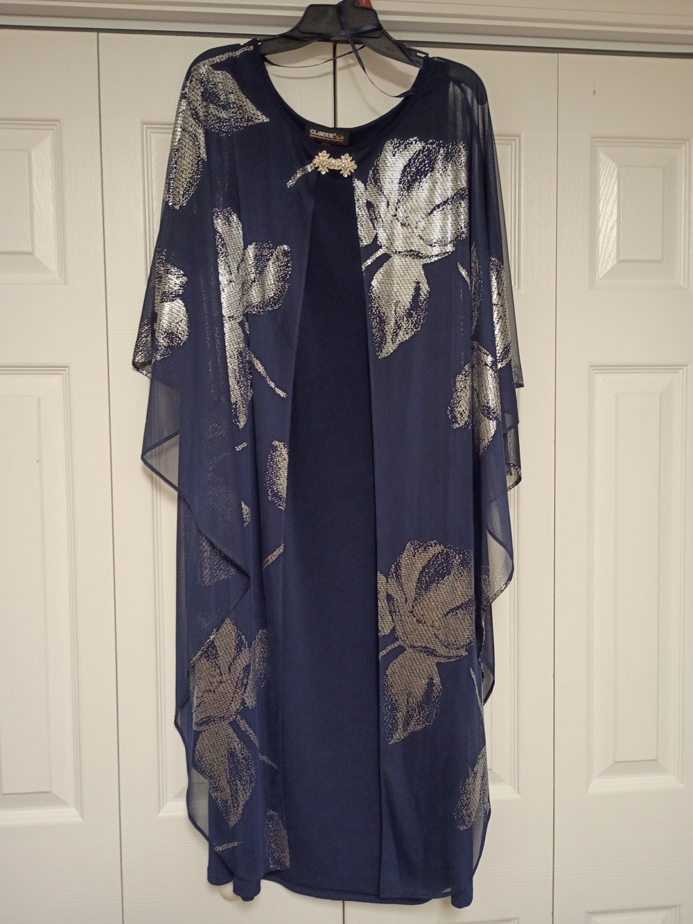 Glamour Nights Women's 16W Navy And Silver Sheer Floral One Piece Dress
